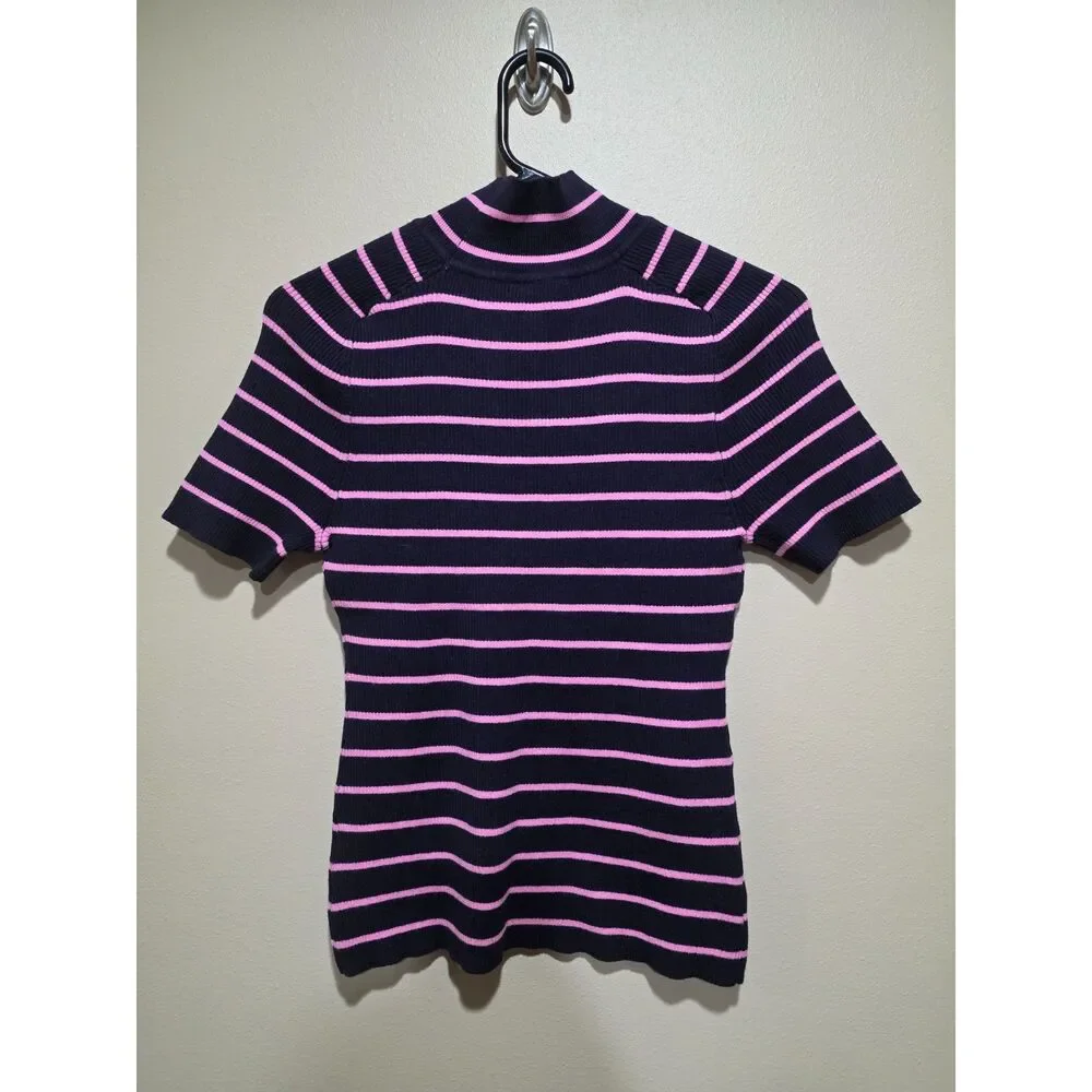 Free Assembly Striped Turtleneck Sweater Black Pink Ribbed Short Sleeve Top M - Picture 3 of 8